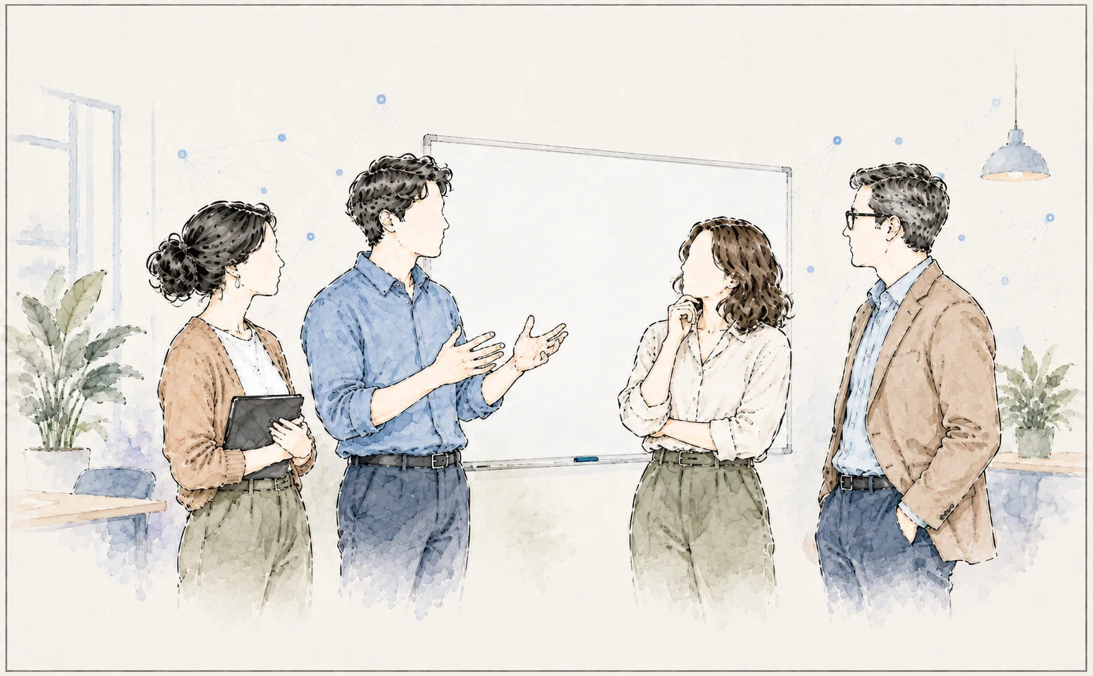 Colleagues having a two-way discussion beside a blank whiteboard