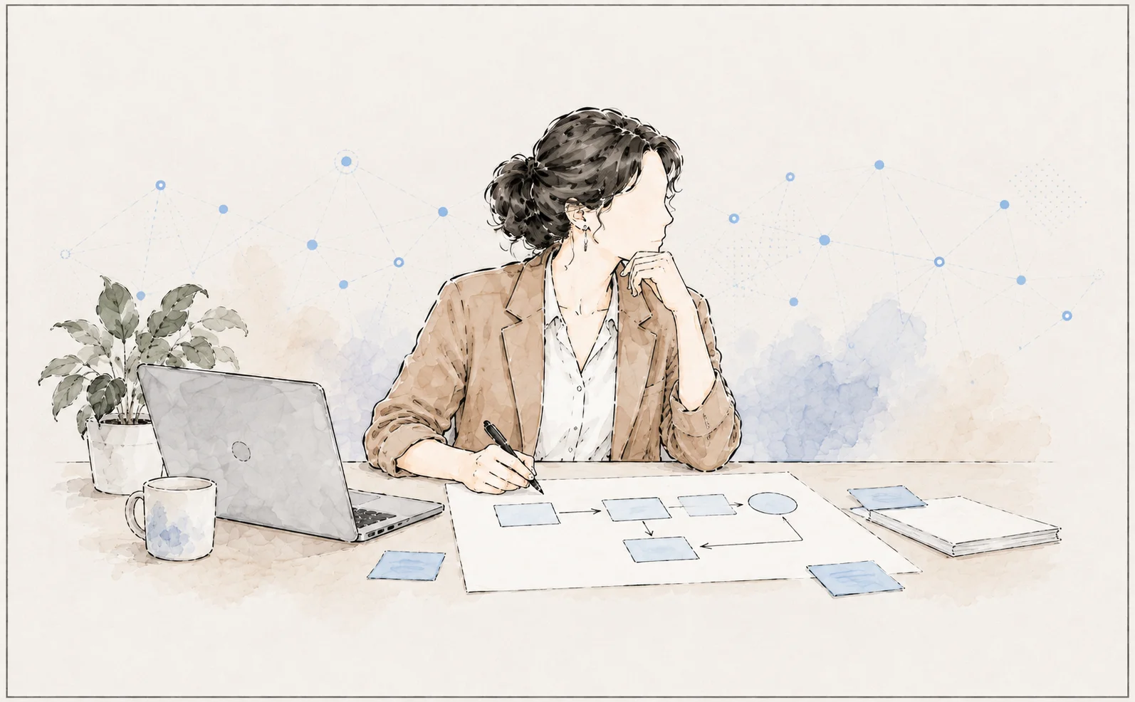 A professional mapping a work process beside a laptop