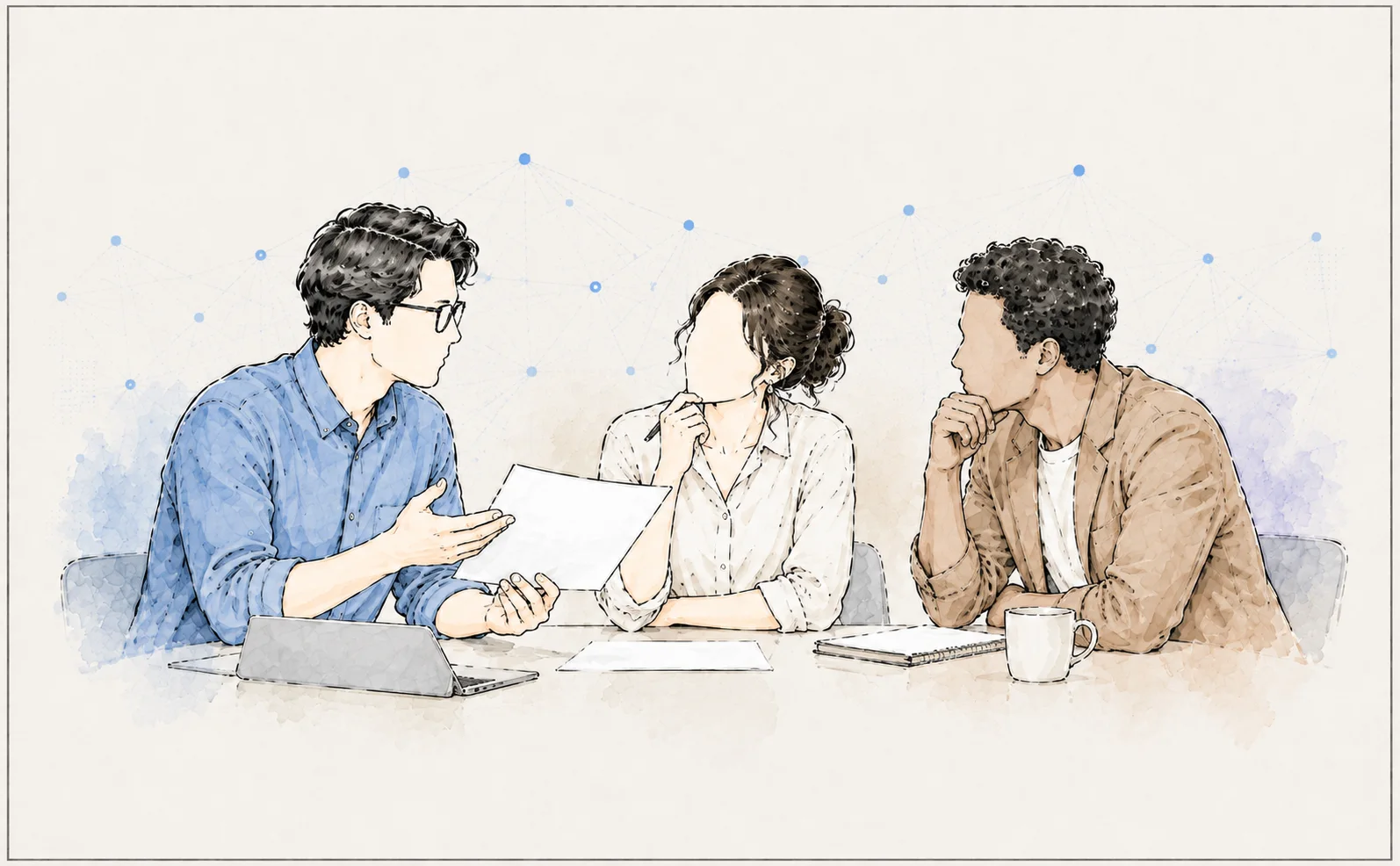 Three colleagues weighing a decision together around a table