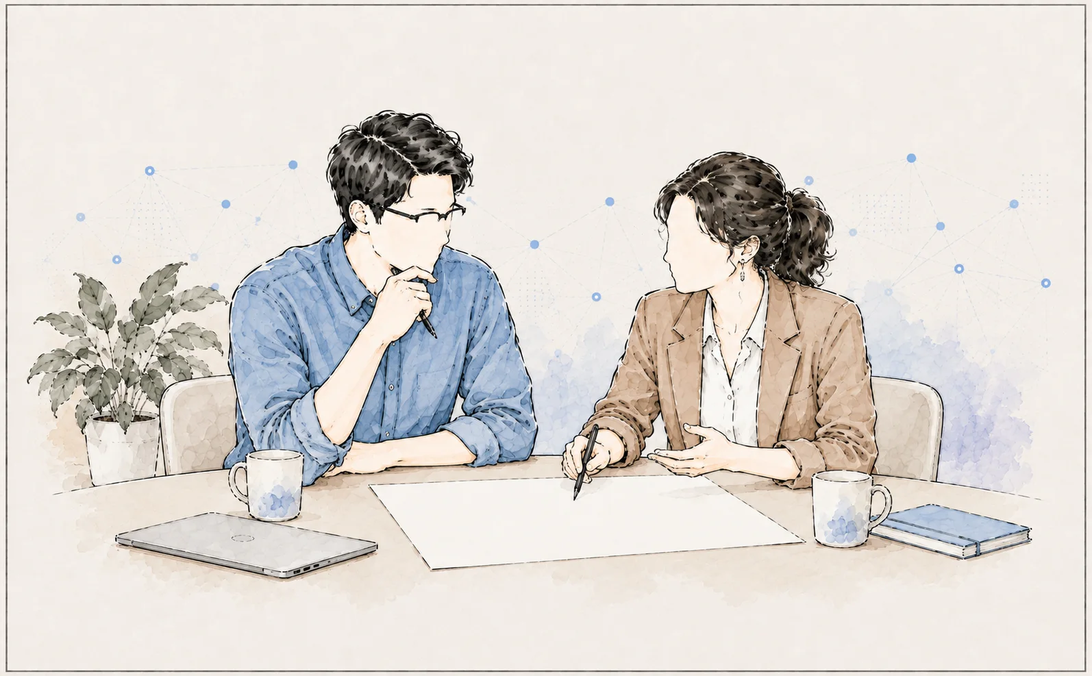 Two professionals discussing a blank page at work