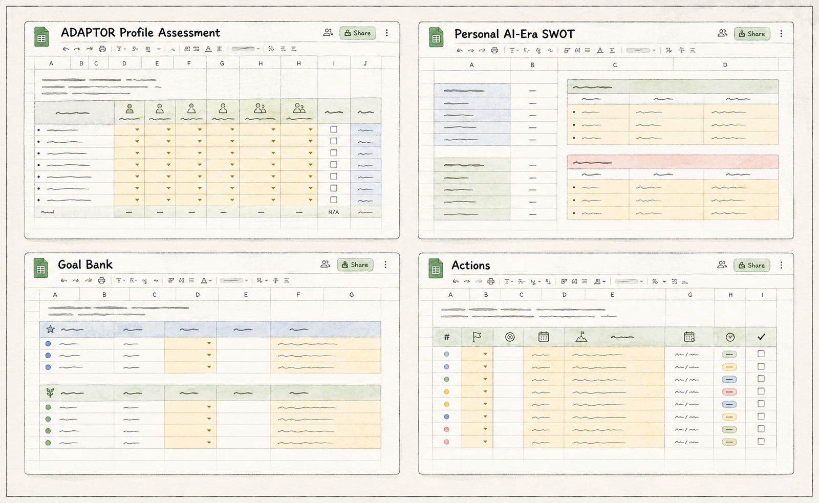 Preview of the ADAPTOR Framework Workbook, with sheets for profile assessment, personal SWOT, goals, and actions